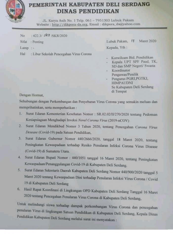 Dampak Virus Covid-19, Sekolah di Deliserdang Libur 2 Pekan