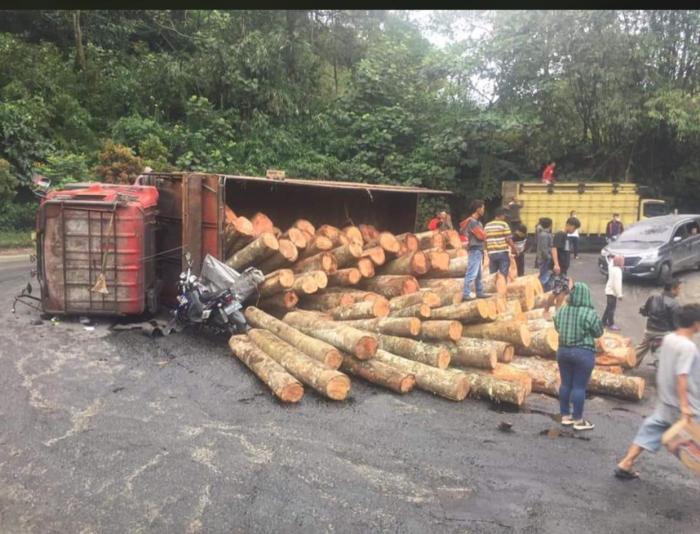 Truk Pengangkut Kayu Terbalik di Sibolangit