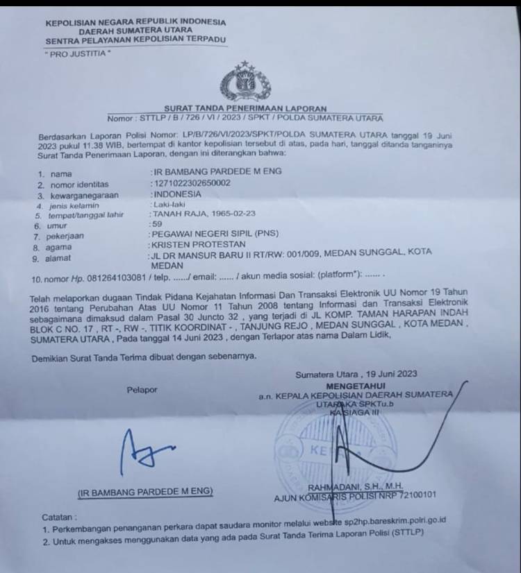 Mantan Kadis PUPR Laporkan Dugaan Tindak Pidana ITE ke Polda Sumut