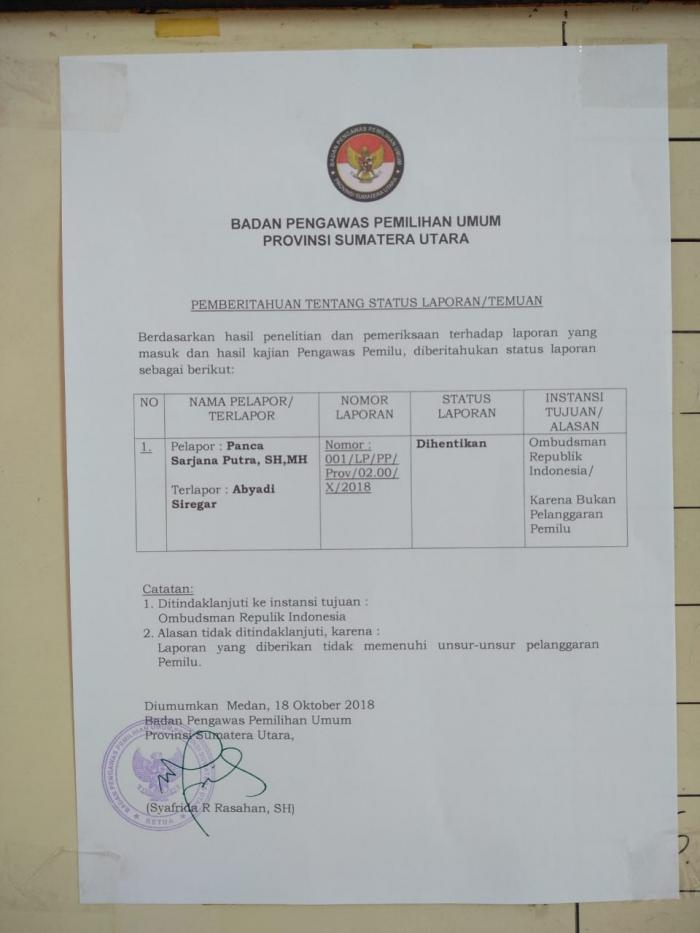 Bawaslu Sumut Hentikan Laporan Tentang Abyadi Siregar