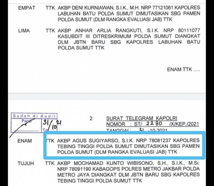 Kapolres Tebingtinggi dan Sejumlah Kasatwil di Sumut Dicopot